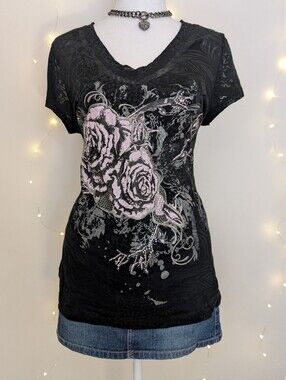 Y2k Grunge Rose Print Tee with Rhinestones And Burnout Fabric